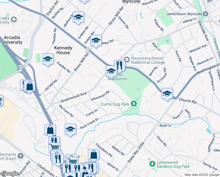 map of restaurants, bars, coffee shops, grocery stores, and more near 1020 Arboretum Road in Wyncote
