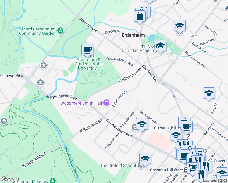 map of restaurants, bars, coffee shops, grocery stores, and more near 91 East Bells Mill Road in Philadelphia