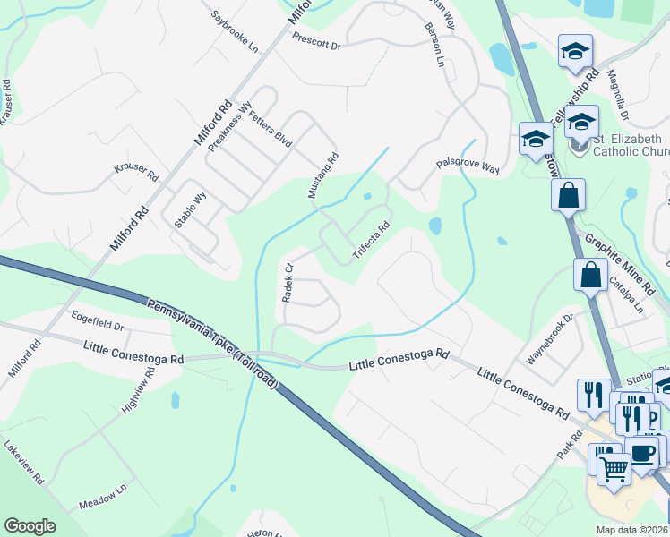 map of restaurants, bars, coffee shops, grocery stores, and more near 44 Dominic Drive in Downingtown