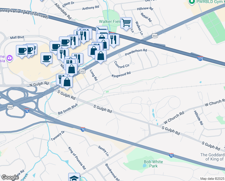 map of restaurants, bars, coffee shops, grocery stores, and more near 90 Bill Smith Boulevard in King of Prussia