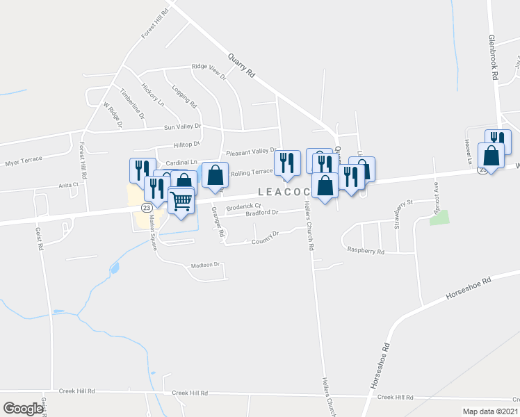 map of restaurants, bars, coffee shops, grocery stores, and more near 40 Bradford Drive in Leacock-Leola-Bareville