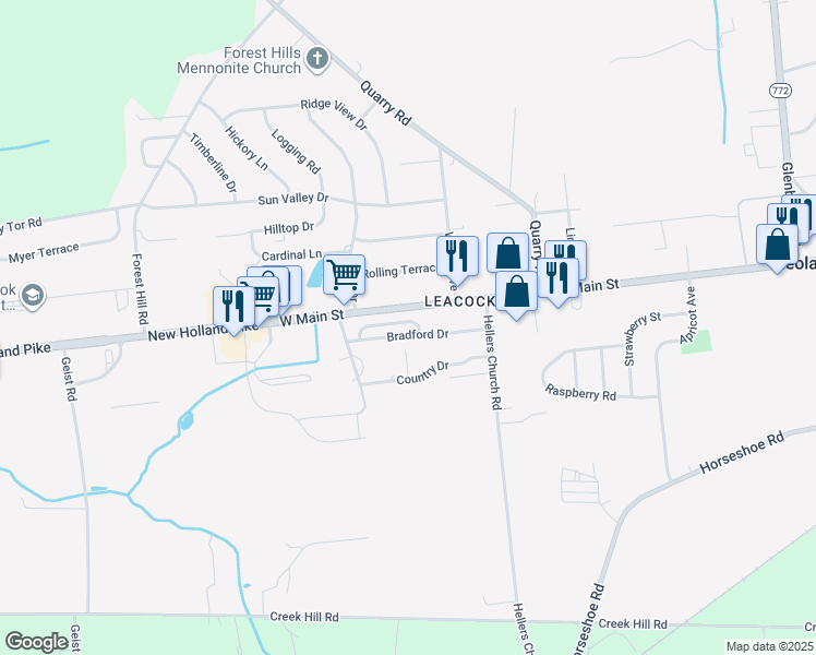 map of restaurants, bars, coffee shops, grocery stores, and more near 36 Bradford Drive in Leacock-Leola-Bareville