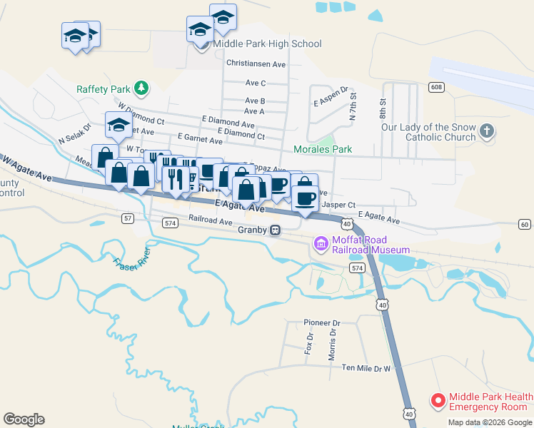 map of restaurants, bars, coffee shops, grocery stores, and more near 417 East Agate Avenue in Granby