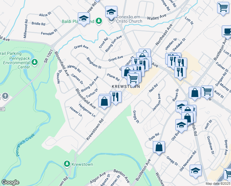 map of restaurants, bars, coffee shops, grocery stores, and more near 1170 Surrey Road in Philadelphia