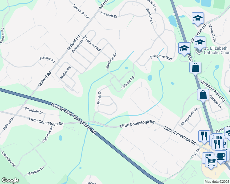 map of restaurants, bars, coffee shops, grocery stores, and more near 44 Dominic Drive in Downingtown
