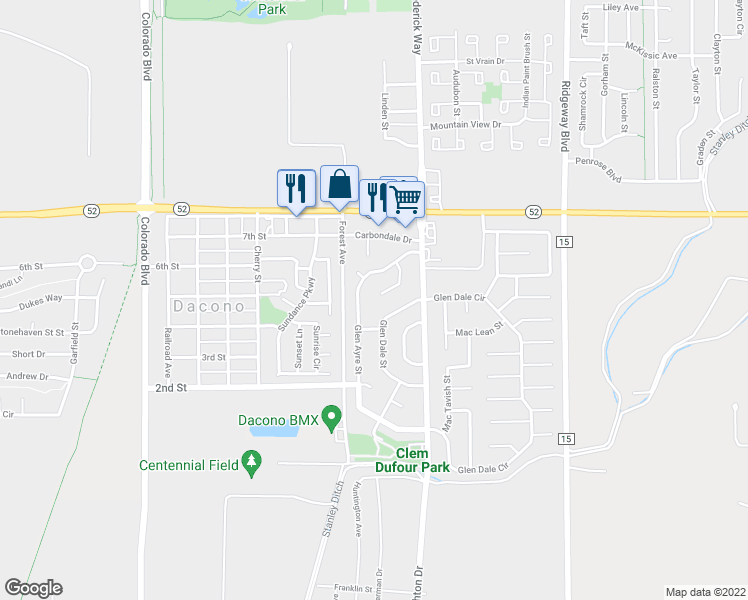 map of restaurants, bars, coffee shops, grocery stores, and more near 801 Glen Barr Street in Dacono