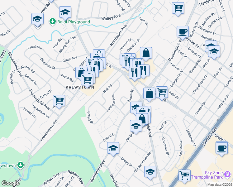 map of restaurants, bars, coffee shops, grocery stores, and more near 9321 Jamison Avenue in Philadelphia
