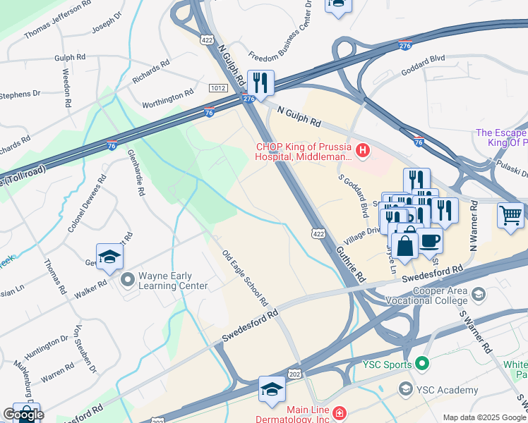 map of restaurants, bars, coffee shops, grocery stores, and more near 209 Drummers Lane in Wayne