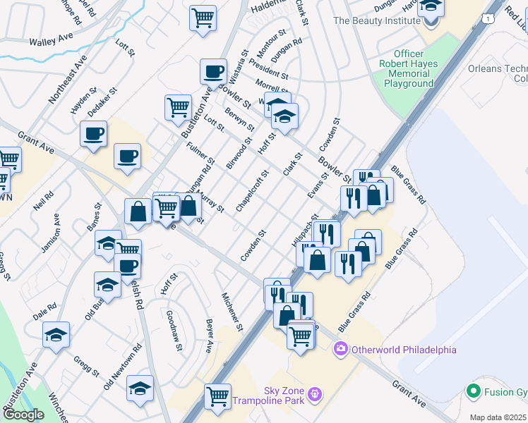 map of restaurants, bars, coffee shops, grocery stores, and more near 9623 Clark Street in Philadelphia
