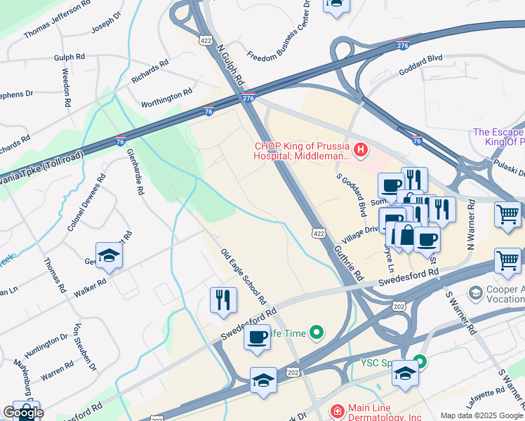 map of restaurants, bars, coffee shops, grocery stores, and more near 215 Drummers Lane in Wayne