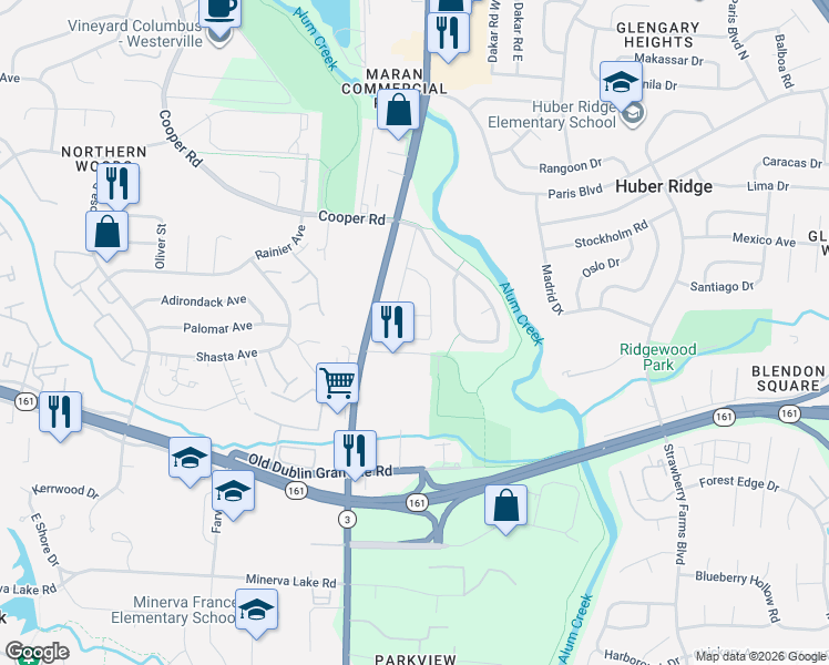 map of restaurants, bars, coffee shops, grocery stores, and more near 3451 Drindel Drive in Westerville