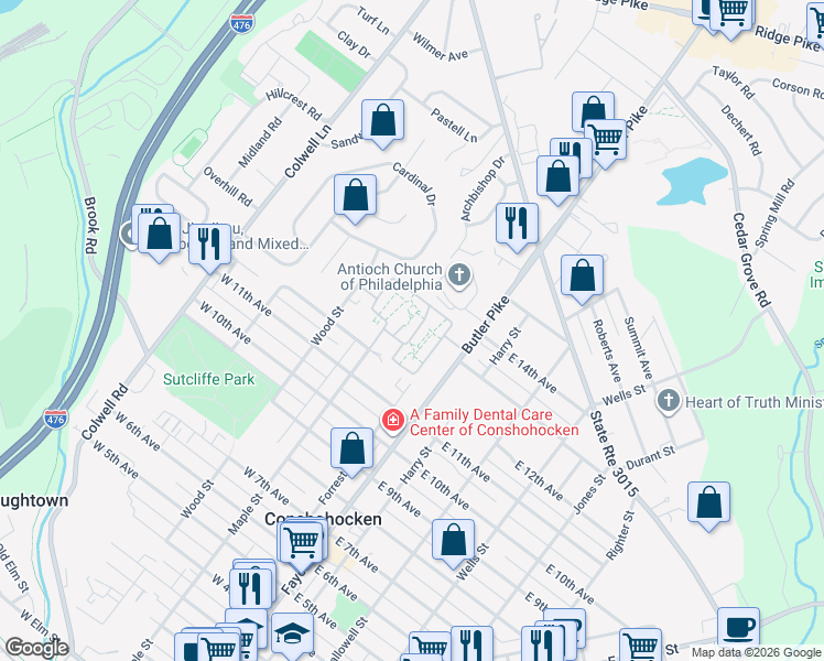map of restaurants, bars, coffee shops, grocery stores, and more near 1300 Fayette Street in Conshohocken