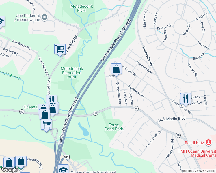 map of restaurants, bars, coffee shops, grocery stores, and more near 1454 Lakewood Avenue in Brick Township