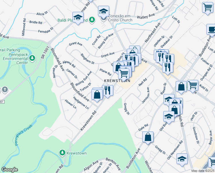 map of restaurants, bars, coffee shops, grocery stores, and more near 8950 Krewstown Road in Philadelphia