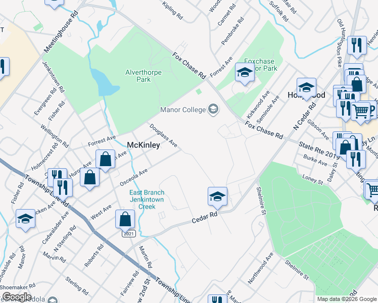 map of restaurants, bars, coffee shops, grocery stores, and more near 853 Douglass Ave in Elkins Park