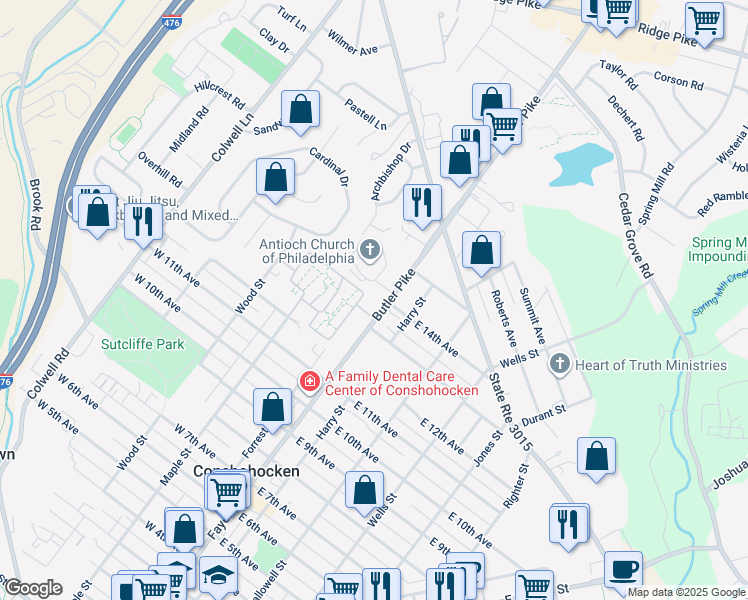 map of restaurants, bars, coffee shops, grocery stores, and more near 1331 State Route 3016 in Conshohocken