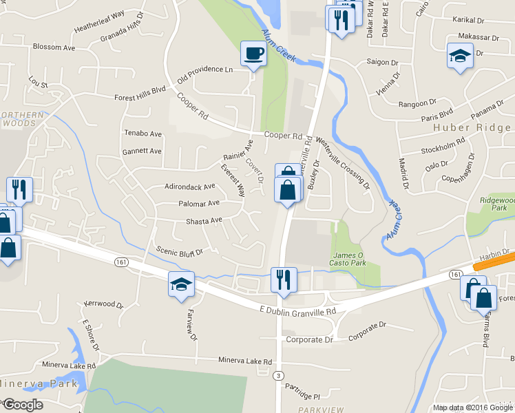 map of restaurants, bars, coffee shops, grocery stores, and more near 3279 Kristin Court in Columbus