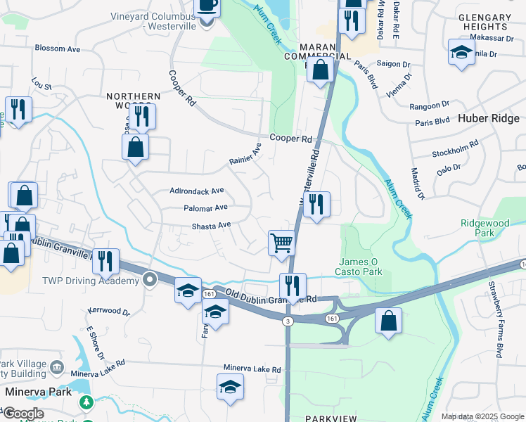 map of restaurants, bars, coffee shops, grocery stores, and more near 3279 Kristin Court in Columbus