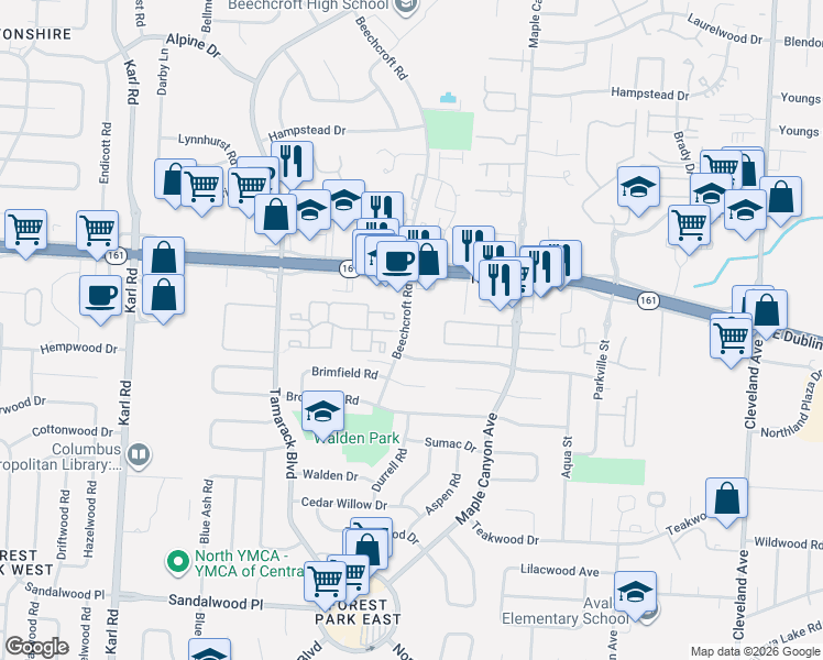 map of restaurants, bars, coffee shops, grocery stores, and more near 1940 Forest Cedar Court in Columbus