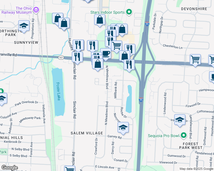 map of restaurants, bars, coffee shops, grocery stores, and more near 897 North Meadows Court in Columbus
