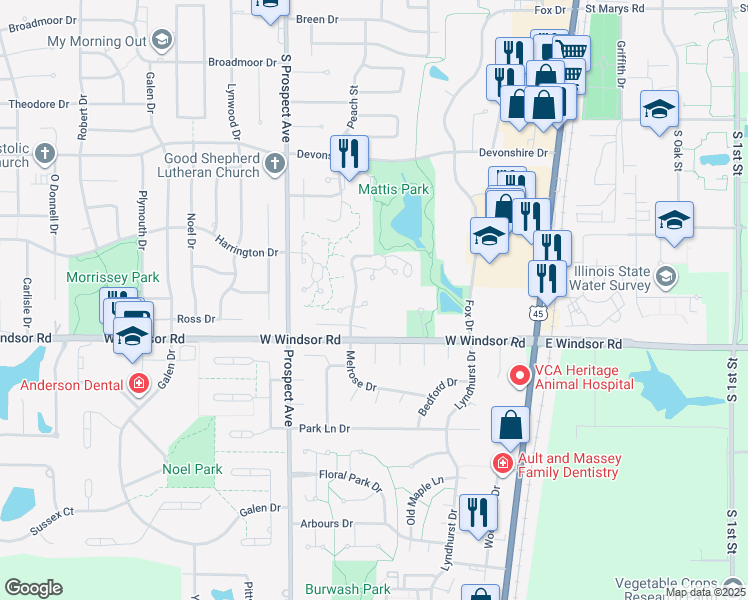 map of restaurants, bars, coffee shops, grocery stores, and more near 2306 Melrose Drive in Champaign