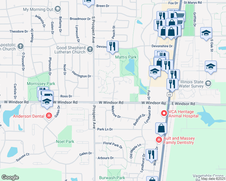 map of restaurants, bars, coffee shops, grocery stores, and more near 2307 Melrose Drive in Champaign