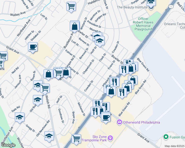 map of restaurants, bars, coffee shops, grocery stores, and more near 9623 Clark Street in Philadelphia