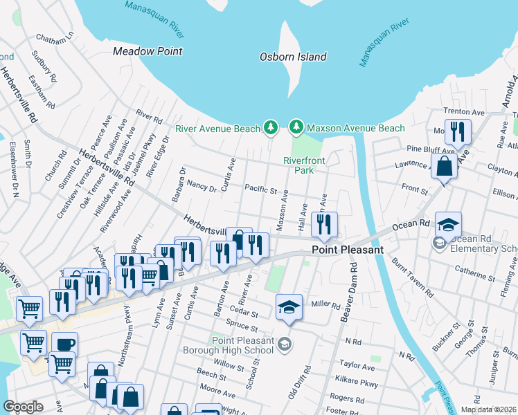 map of restaurants, bars, coffee shops, grocery stores, and more near 2506 Allen Street in Point Pleasant