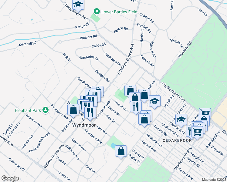 map of restaurants, bars, coffee shops, grocery stores, and more near 1200 East Willow Grove Avenue in Wyndmoor