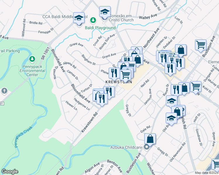 map of restaurants, bars, coffee shops, grocery stores, and more near 1176 Surrey Road in Philadelphia