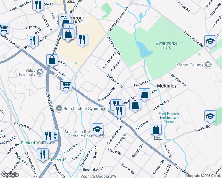 map of restaurants, bars, coffee shops, grocery stores, and more near 216 Holmecrest Road in Jenkintown