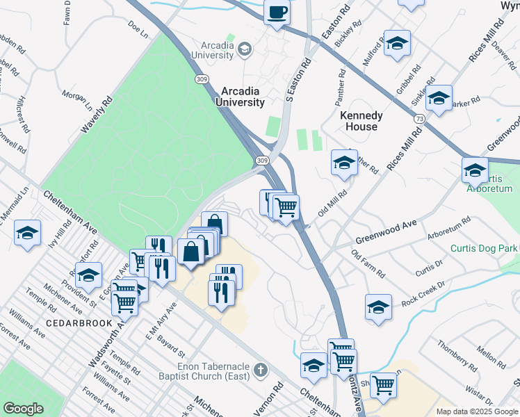 map of restaurants, bars, coffee shops, grocery stores, and more near 8470 Limekiln Pike in Wyncote