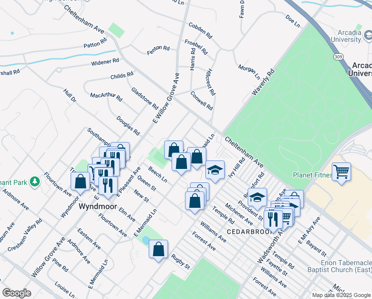 map of restaurants, bars, coffee shops, grocery stores, and more near 7707 Laurel Lane in Wyndmoor
