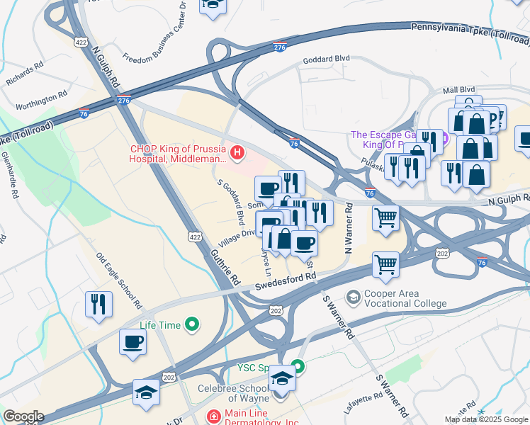 map of restaurants, bars, coffee shops, grocery stores, and more near 230 Village Drive in King of Prussia