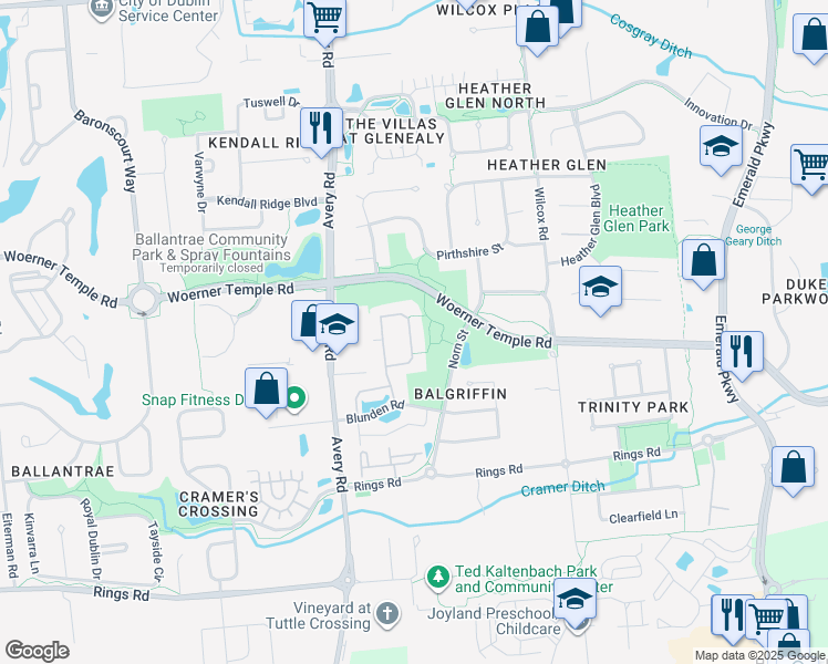 map of restaurants, bars, coffee shops, grocery stores, and more near 5764 Parkside Crossing in Dublin