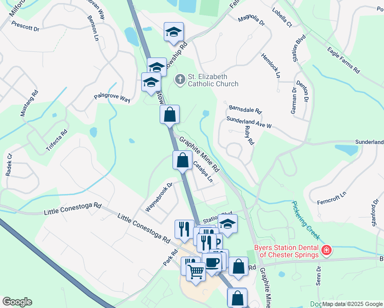 map of restaurants, bars, coffee shops, grocery stores, and more near 700 Hackberry Court in Chester Springs