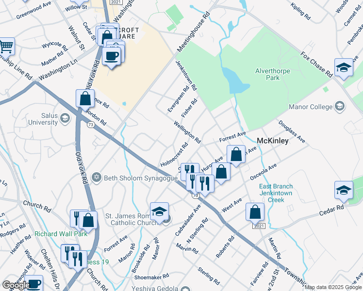 map of restaurants, bars, coffee shops, grocery stores, and more near 216 Holmecrest Road in Jenkintown