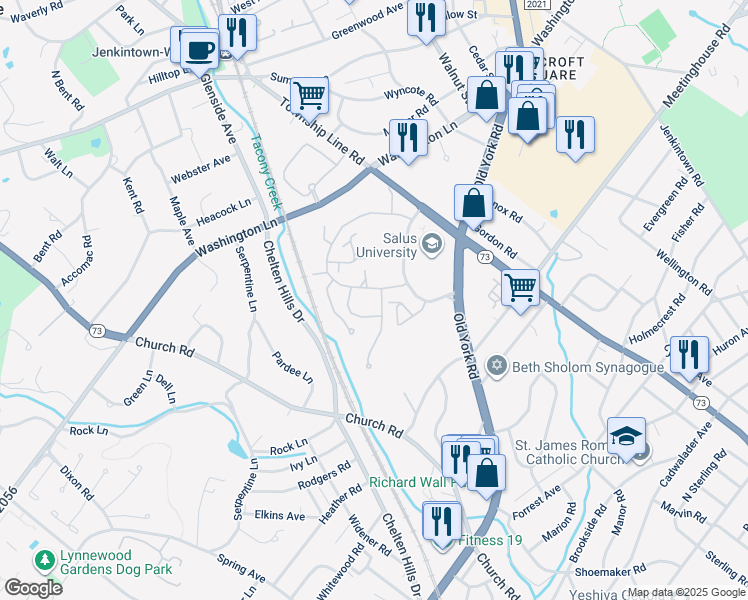 map of restaurants, bars, coffee shops, grocery stores, and more near 434 Copper Beech Circle in Elkins Park