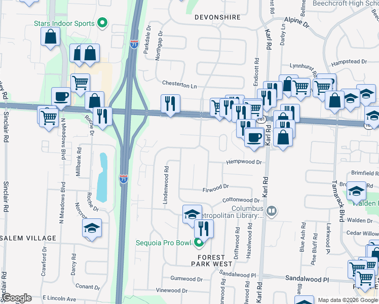 map of restaurants, bars, coffee shops, grocery stores, and more near 5770 Firwood Place in Columbus
