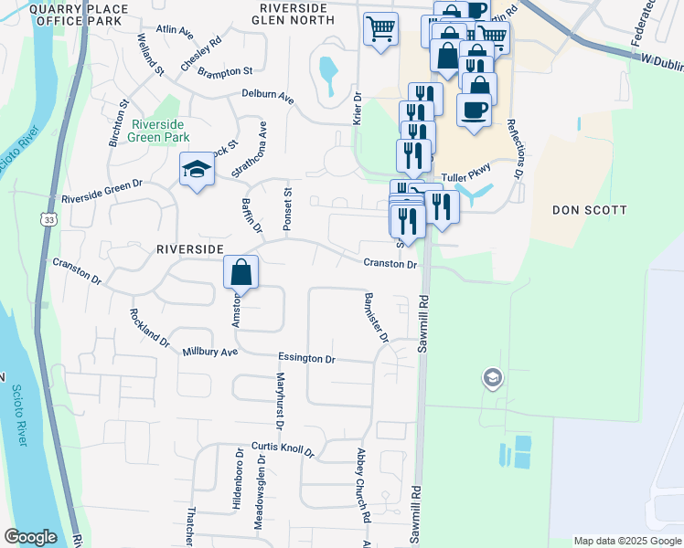 map of restaurants, bars, coffee shops, grocery stores, and more near 2948 Royalwood Drive in Dublin