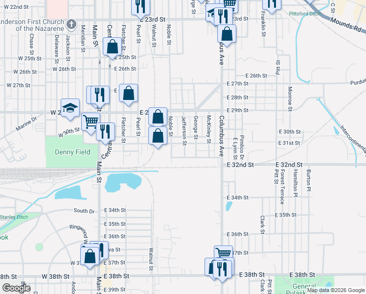 map of restaurants, bars, coffee shops, grocery stores, and more near 627 East 31st Street in Anderson