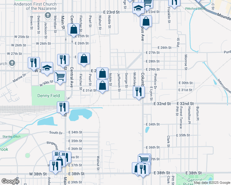 map of restaurants, bars, coffee shops, grocery stores, and more near 624 East 32nd Street in Anderson