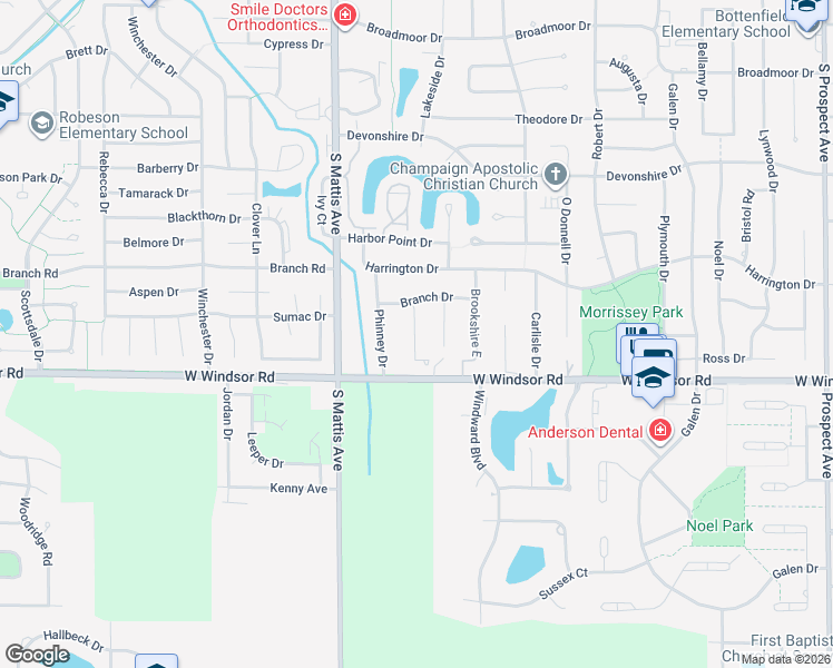map of restaurants, bars, coffee shops, grocery stores, and more near 2315 Brookshire East in Champaign