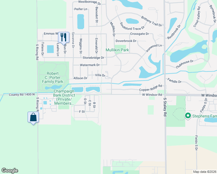 map of restaurants, bars, coffee shops, grocery stores, and more near 4625 Copper Ridge Road in Champaign