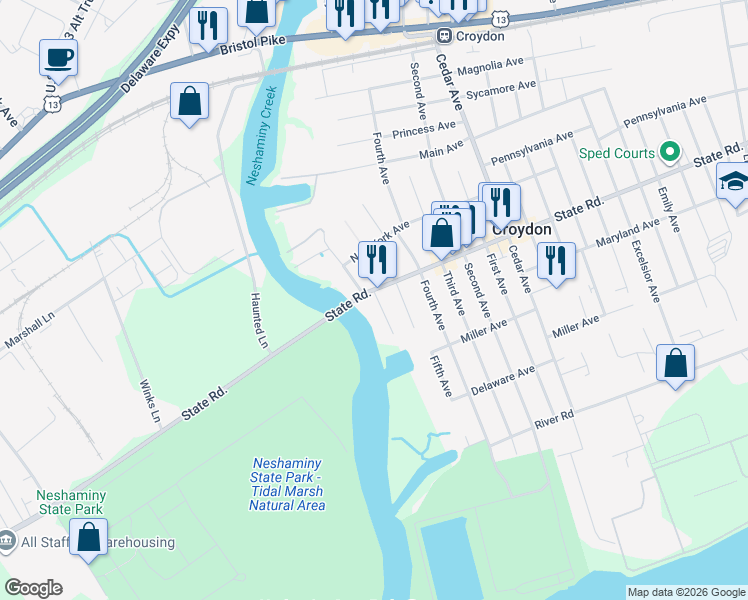map of restaurants, bars, coffee shops, grocery stores, and more near 808 6th Avenue in Croydon
