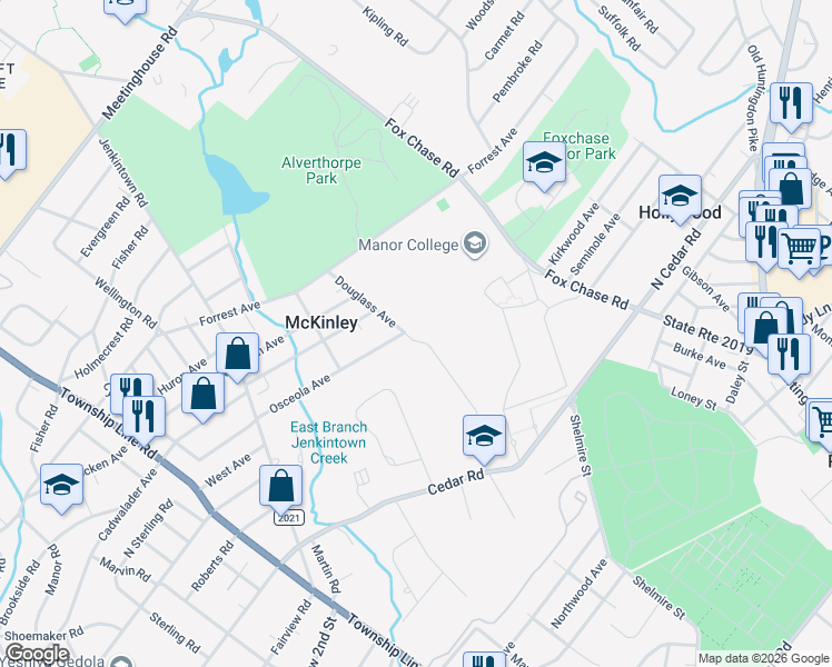 map of restaurants, bars, coffee shops, grocery stores, and more near 853 Douglass Avenue in Elkins Park
