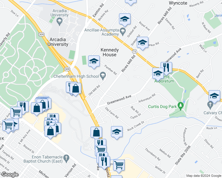 map of restaurants, bars, coffee shops, grocery stores, and more near 415 Salisbury Road in Wyncote