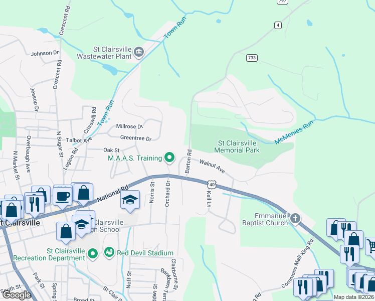 map of restaurants, bars, coffee shops, grocery stores, and more near 109 Forest Lawn Avenue in Saint Clairsville