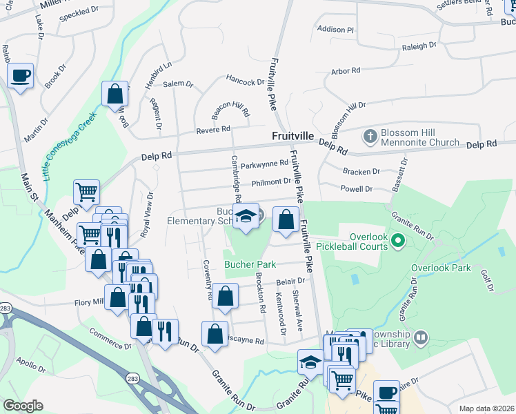 map of restaurants, bars, coffee shops, grocery stores, and more near 425 Candlewyck Road in Lancaster