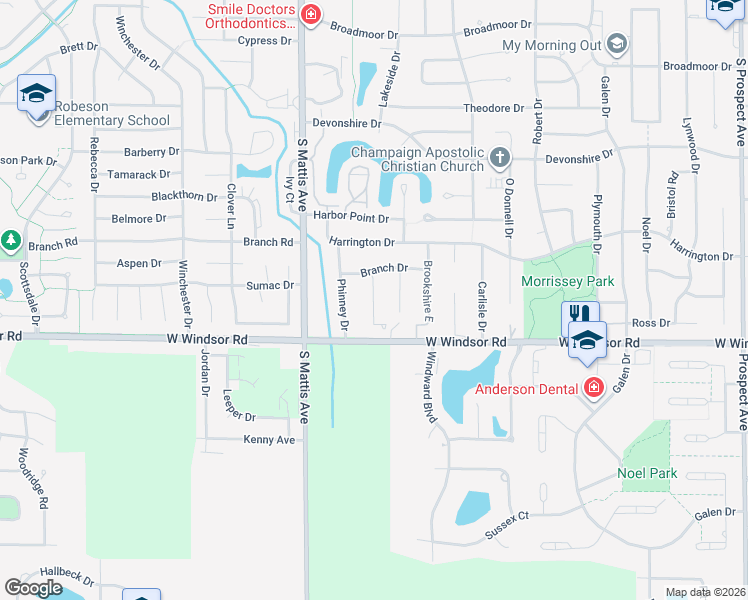 map of restaurants, bars, coffee shops, grocery stores, and more near 2315 Brookshire East in Champaign